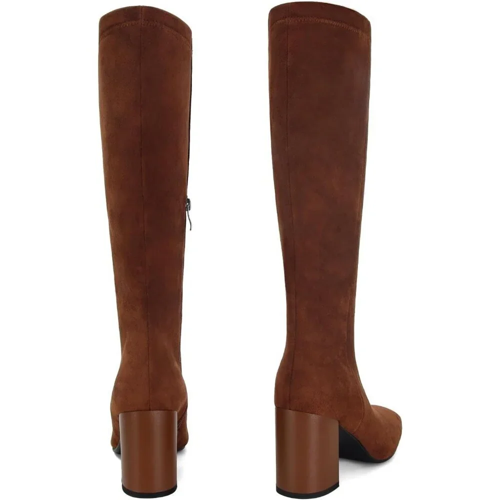 Women's Faux Leather Square Toe Chunky Heel Knee High Boots Side Zip Brown Suede